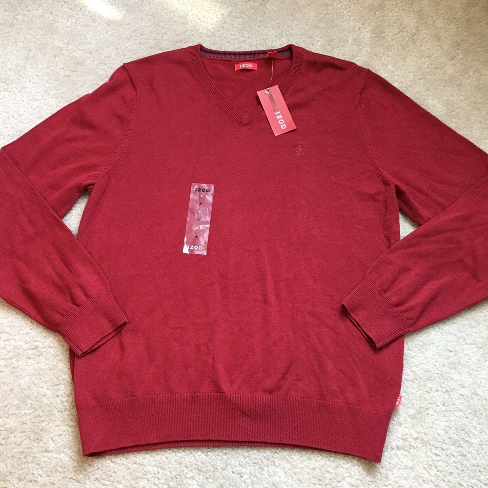 Mens Izod Sweater Long Sleeve V Neck Pull Over Double Face Medium Red Dahlia New